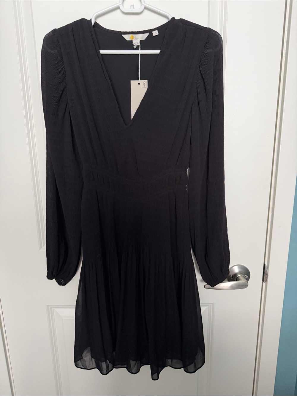 Boden Black Long-Sleeve V-Neck Pleated Dress